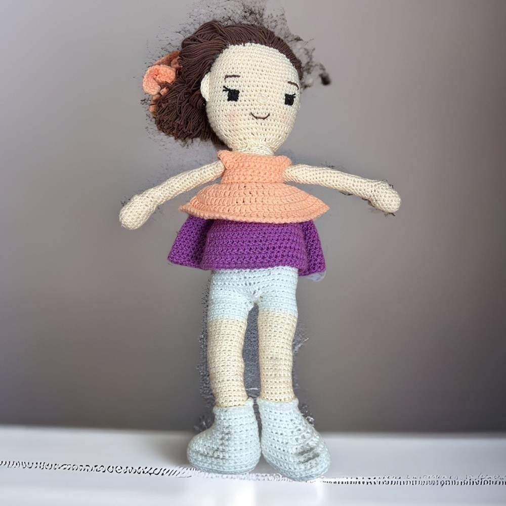 Large Crochet Handmade Doll Amigurumi Brunette Brown Hair Peach Purple